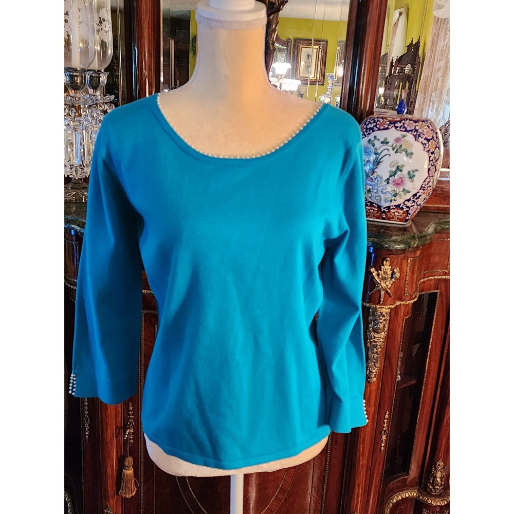 Pink Poodle Teal Cotton‎ Blend Knit Sweater Pearl Trim Boat Neck Japan Made SZ M